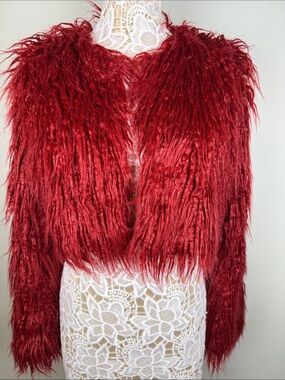 Boohoo Red Shaggy Faux Fur Crop Jacket Bolero Collar Wrap Shoulder Shrug EUC